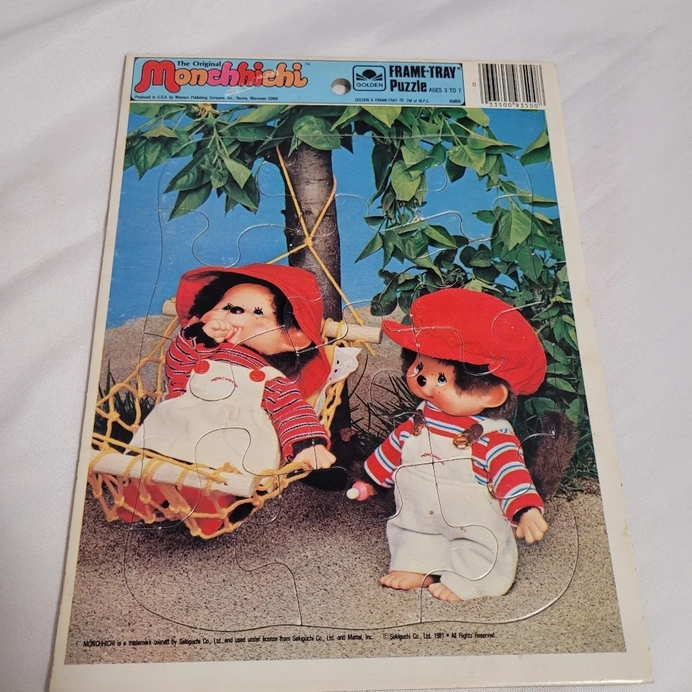 Vintage 80's Monchhichi Golden Frame Tray Puzzle Lot Of 2